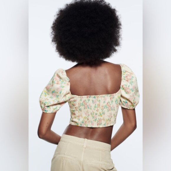 Zara Crop Top Women’s Size Large Floral Puffy Sleeve‎ Smocked Back Corset Point - Picture 12 of 14